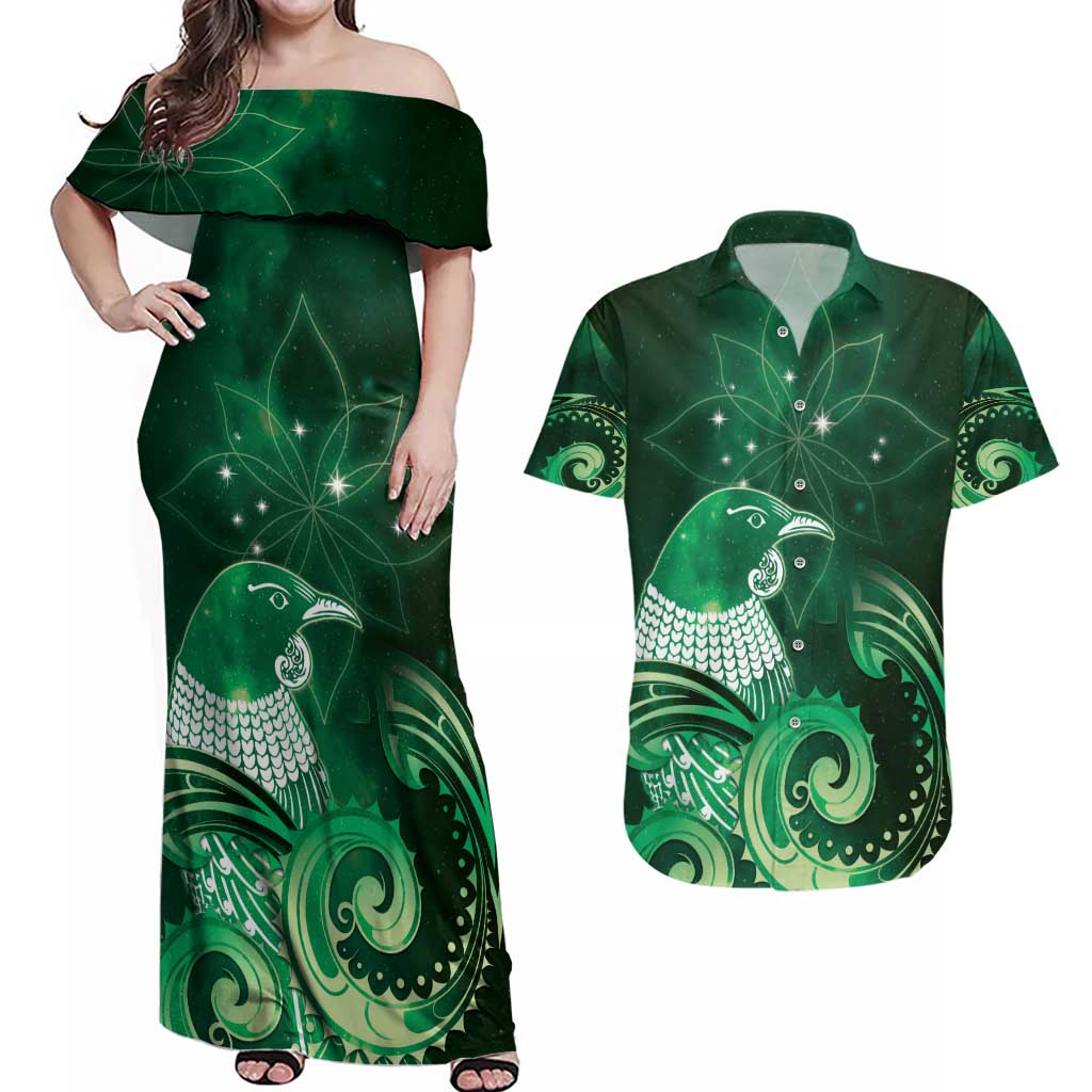 New Zealand Matariki Couples Matching Off Shoulder Maxi Dress and Hawaiian Shirt Maori Tui Bird Green Galaxy DT05 Green - Polynesian Pride