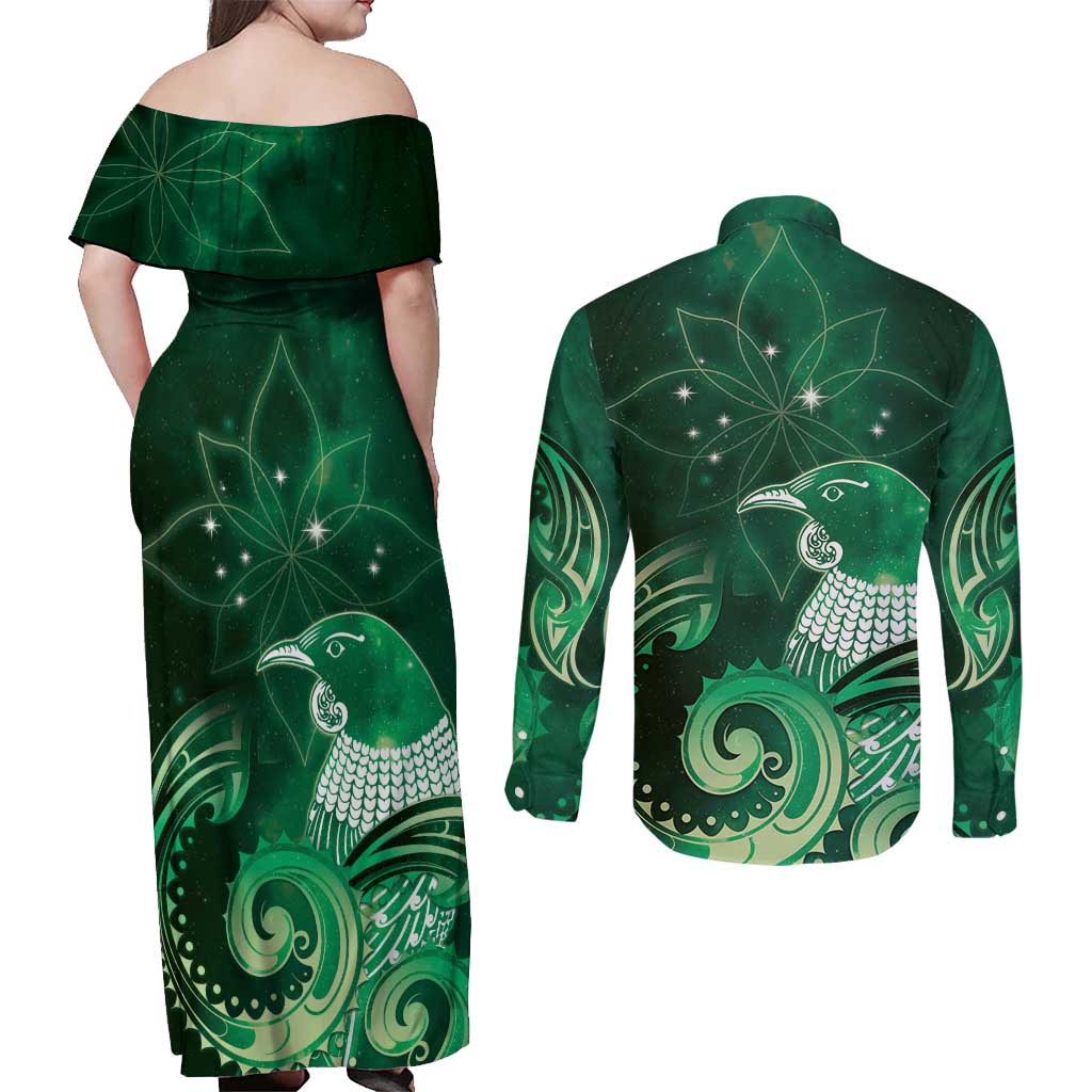 New Zealand Matariki Couples Matching Off Shoulder Maxi Dress and Long Sleeve Button Shirt Maori Tui Bird Green Galaxy DT05 - Polynesian Pride