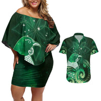 New Zealand Matariki Couples Matching Off Shoulder Short Dress and Hawaiian Shirt Maori Tui Bird Green Galaxy DT05 Green - Polynesian Pride