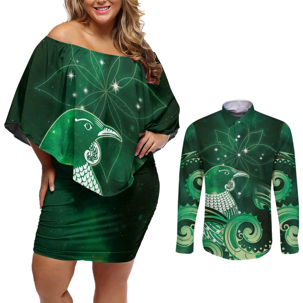 New Zealand Matariki Couples Matching Off Shoulder Short Dress and Long Sleeve Button Shirt Maori Tui Bird Green Galaxy DT05 Green - Polynesian Pride