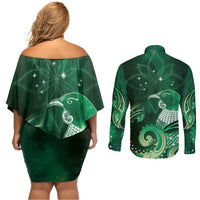 New Zealand Matariki Couples Matching Off Shoulder Short Dress and Long Sleeve Button Shirt Maori Tui Bird Green Galaxy DT05 - Polynesian Pride