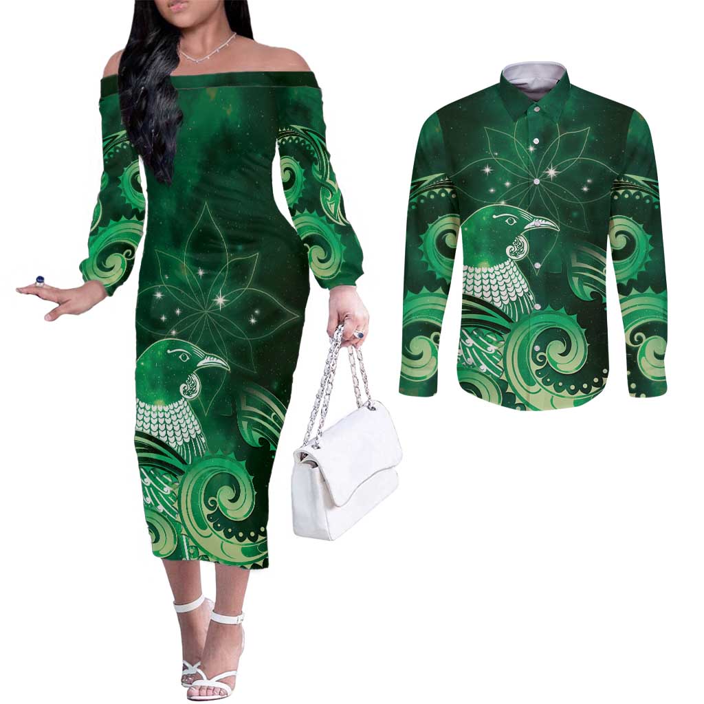 New Zealand Matariki Couples Matching Off The Shoulder Long Sleeve Dress and Long Sleeve Button Shirt Maori Tui Bird Green Galaxy DT05 Green - Polynesian Pride