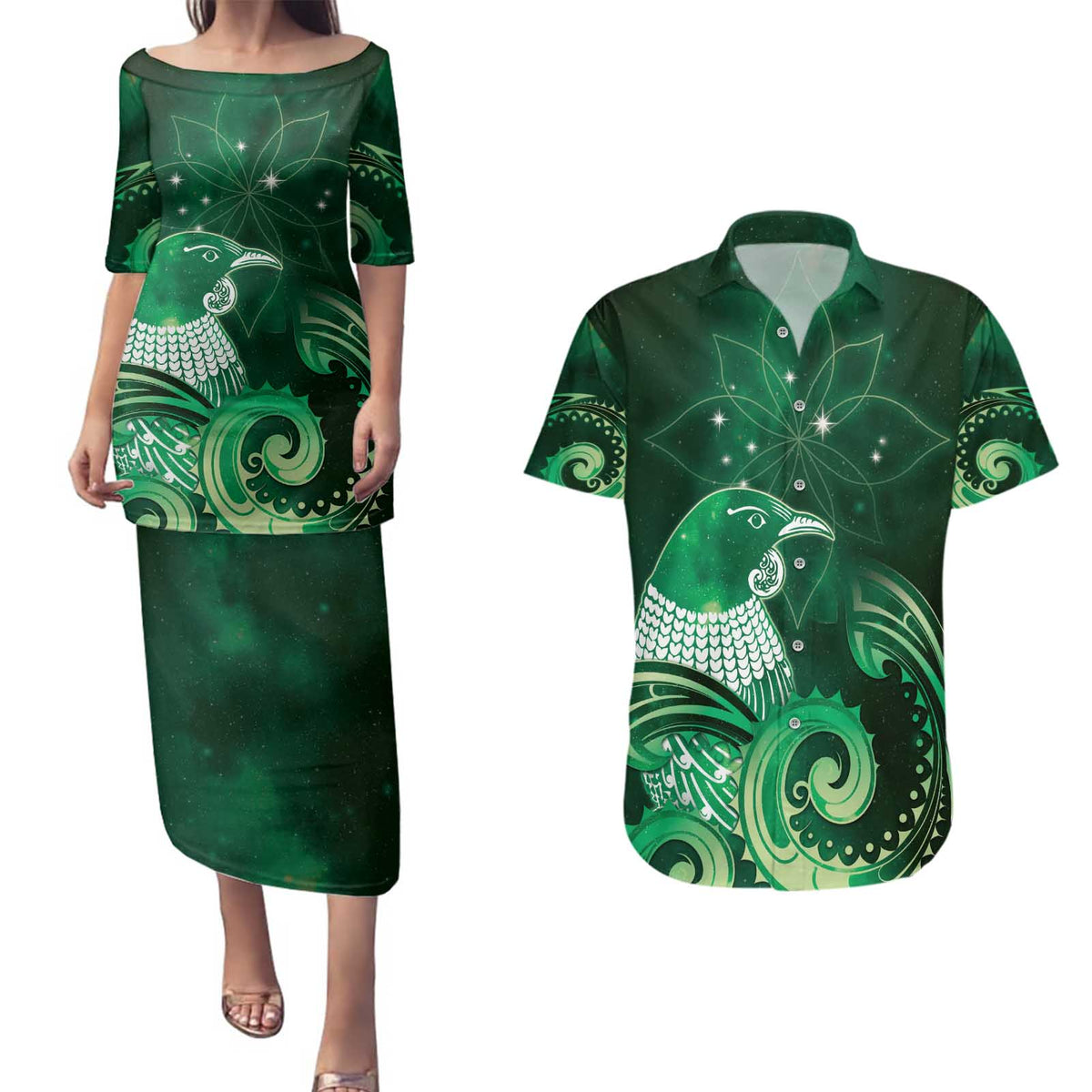 New Zealand Matariki Couples Matching Puletasi and Hawaiian Shirt Maori Tui Bird Green Galaxy DT05 Green - Polynesian Pride