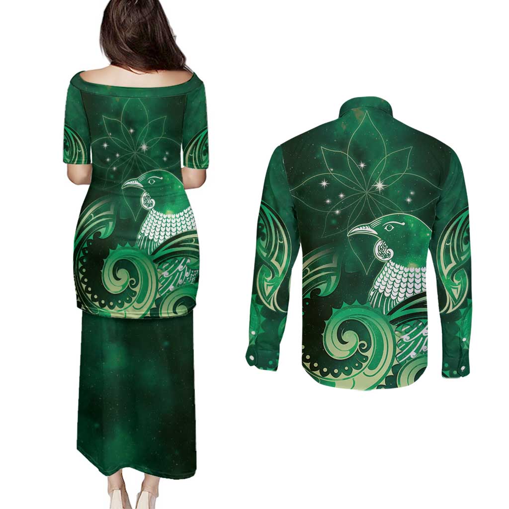 New Zealand Matariki Couples Matching Puletasi and Long Sleeve Button Shirt Maori Tui Bird Green Galaxy