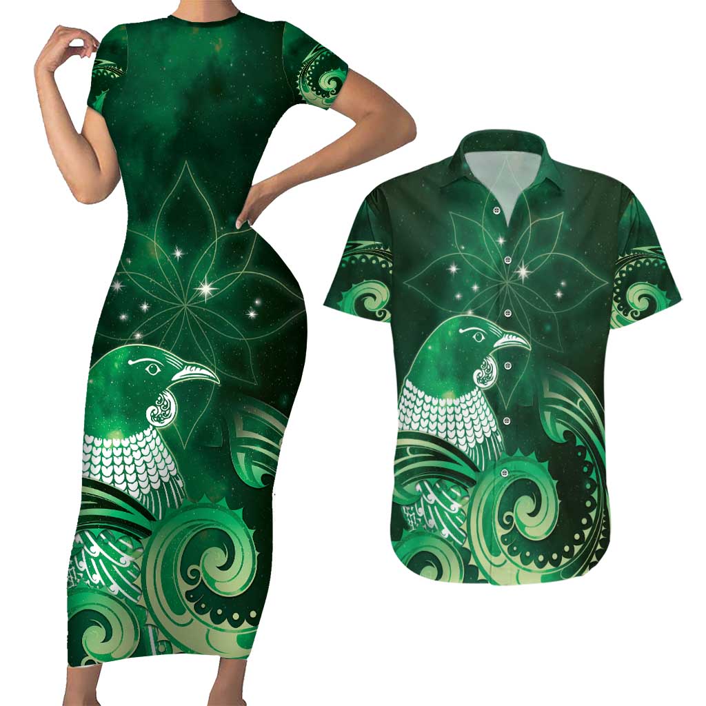 New Zealand Matariki Couples Matching Short Sleeve Bodycon Dress and Hawaiian Shirt Maori Tui Bird Green Galaxy DT05 Green - Polynesian Pride