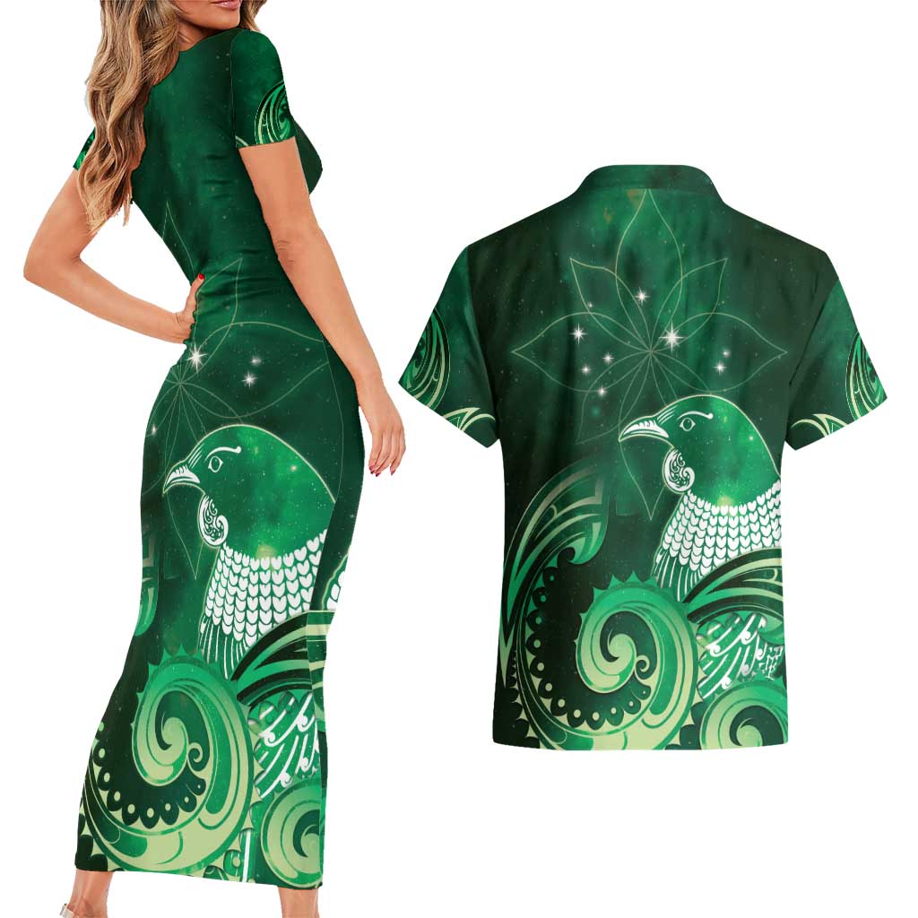 New Zealand Matariki Couples Matching Short Sleeve Bodycon Dress and Hawaiian Shirt Maori Tui Bird Green Galaxy DT05 - Polynesian Pride