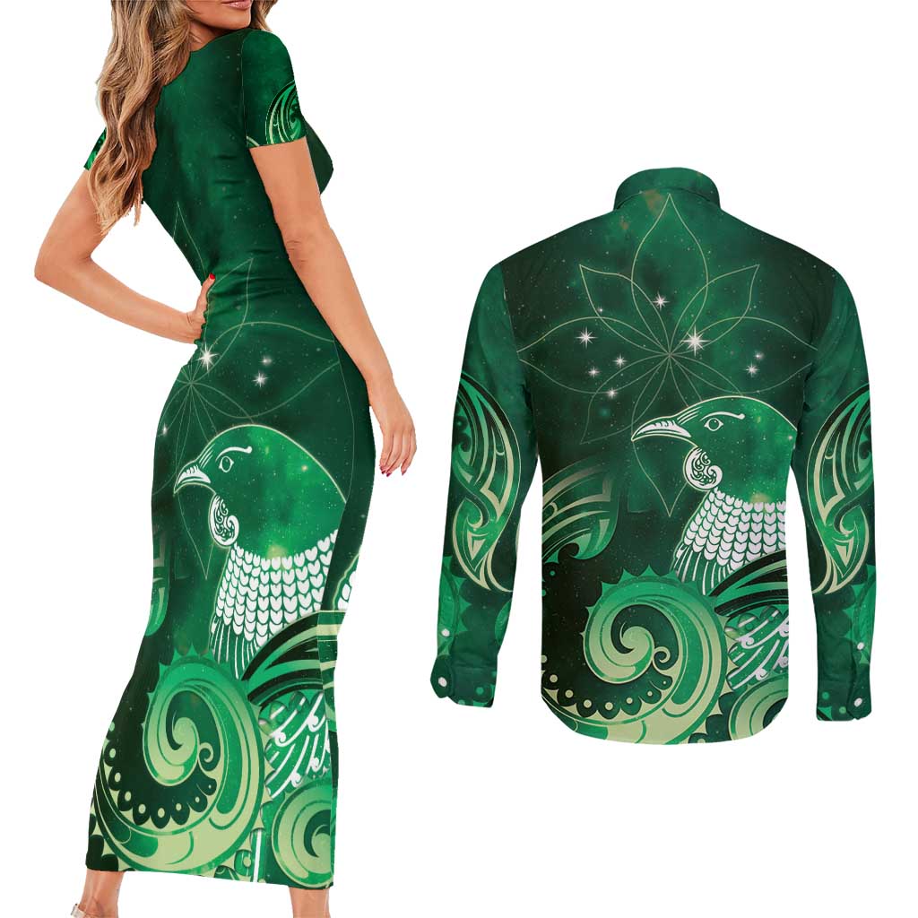 New Zealand Matariki Couples Matching Short Sleeve Bodycon Dress and Long Sleeve Button Shirt Maori Tui Bird Green Galaxy DT05 - Polynesian Pride