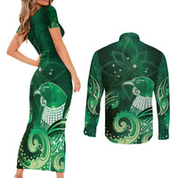 New Zealand Matariki Couples Matching Short Sleeve Bodycon Dress and Long Sleeve Button Shirt Maori Tui Bird Green Galaxy DT05 - Polynesian Pride