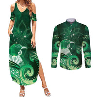 New Zealand Matariki Couples Matching Summer Maxi Dress and Long Sleeve Button Shirt Maori Tui Bird Green Galaxy DT05 Green - Polynesian Pride