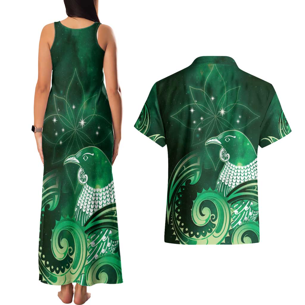 New Zealand Matariki Couples Matching Tank Maxi Dress and Hawaiian Shirt Maori Tui Bird Green Galaxy DT05 - Polynesian Pride