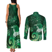 New Zealand Matariki Couples Matching Tank Maxi Dress and Long Sleeve Button Shirt Maori Tui Bird Green Galaxy DT05 - Polynesian Pride