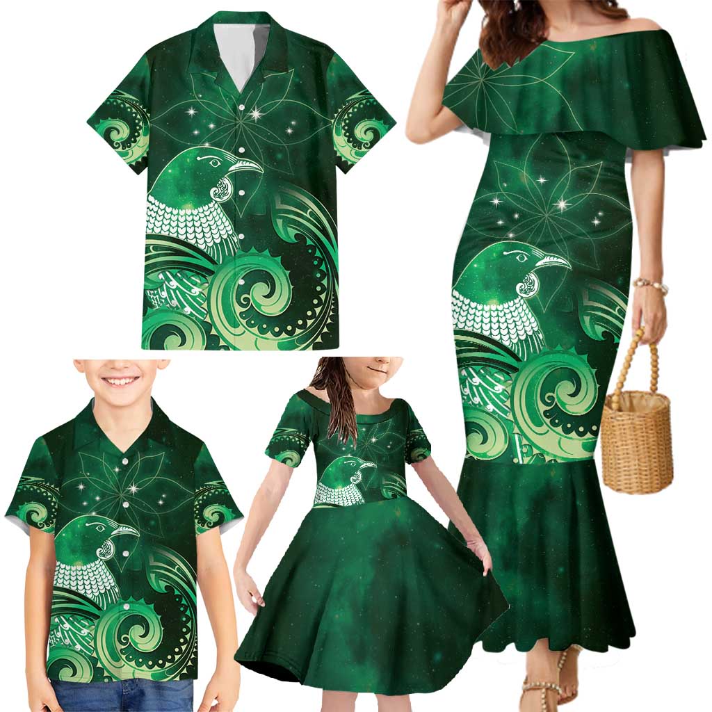 New Zealand Matariki Family Matching Mermaid Dress and Hawaiian Shirt Maori Tui Bird Green Galaxy DT05 - Polynesian Pride