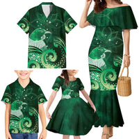 New Zealand Matariki Family Matching Mermaid Dress and Hawaiian Shirt Maori Tui Bird Green Galaxy DT05 - Polynesian Pride