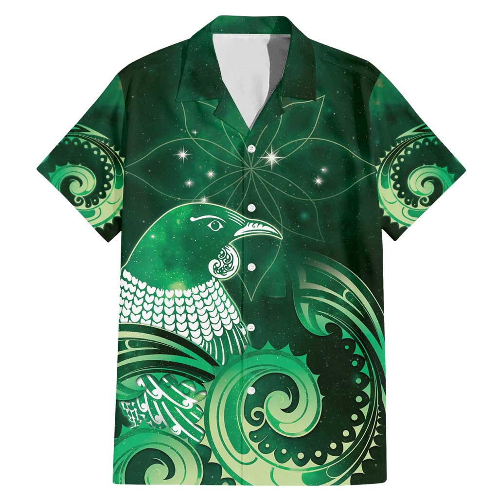 New Zealand Matariki Family Matching Mermaid Dress and Hawaiian Shirt Maori Tui Bird Green Galaxy DT05 Dad's Shirt - Short Sleeve Green - Polynesian Pride