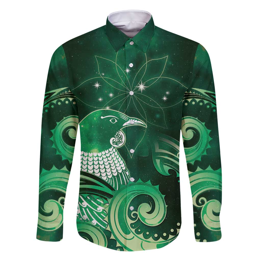 New Zealand Matariki Family Matching Mermaid Dress and Hawaiian Shirt Maori Tui Bird Green Galaxy DT05 Dad's Shirt - Long Sleeve Green - Polynesian Pride