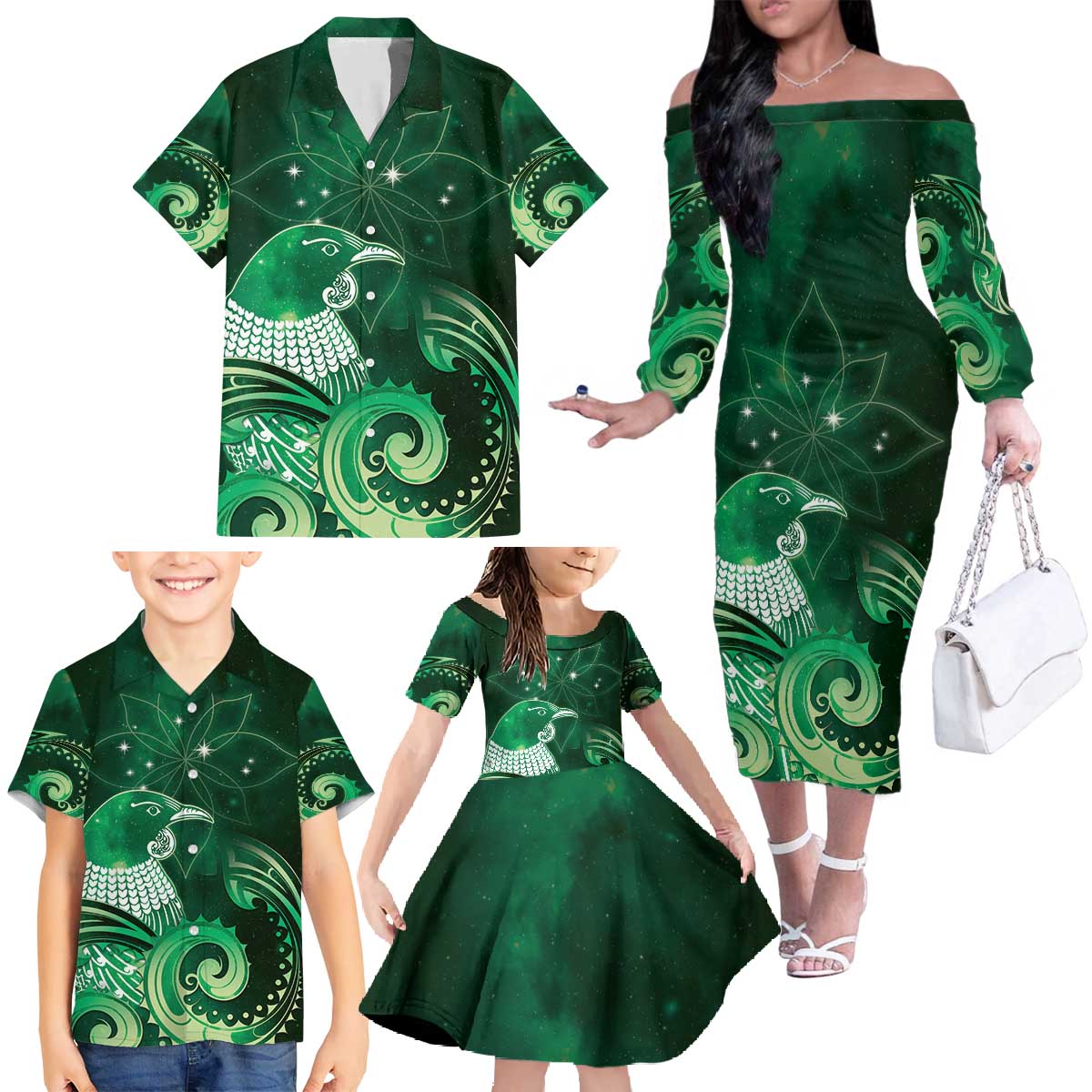 New Zealand Matariki Family Matching Off The Shoulder Long Sleeve Dress and Hawaiian Shirt Maori Tui Bird Green Galaxy DT05 - Polynesian Pride