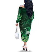 New Zealand Matariki Family Matching Off The Shoulder Long Sleeve Dress and Hawaiian Shirt Maori Tui Bird Green Galaxy DT05 - Polynesian Pride