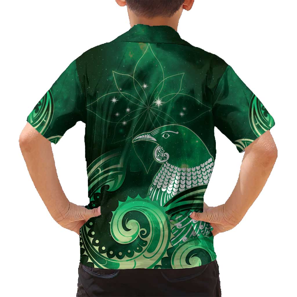 New Zealand Matariki Family Matching Off Shoulder Maxi Dress and Hawaiian Shirt Maori Tui Bird Green Galaxy DT05 - Polynesian Pride