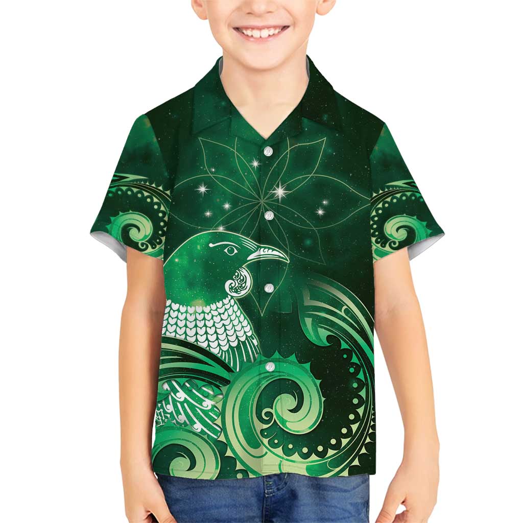 New Zealand Matariki Family Matching Off Shoulder Maxi Dress and Hawaiian Shirt Maori Tui Bird Green Galaxy DT05 Son's Shirt Green - Polynesian Pride