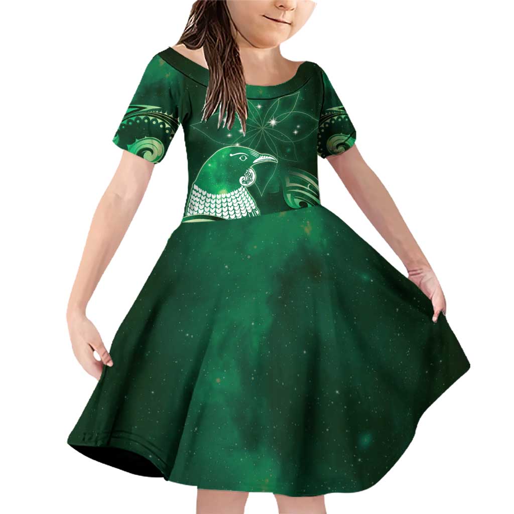New Zealand Matariki Family Matching Off Shoulder Short Dress and Hawaiian Shirt Maori Tui Bird Green Galaxy DT05 Daughter's Dress Green - Polynesian Pride