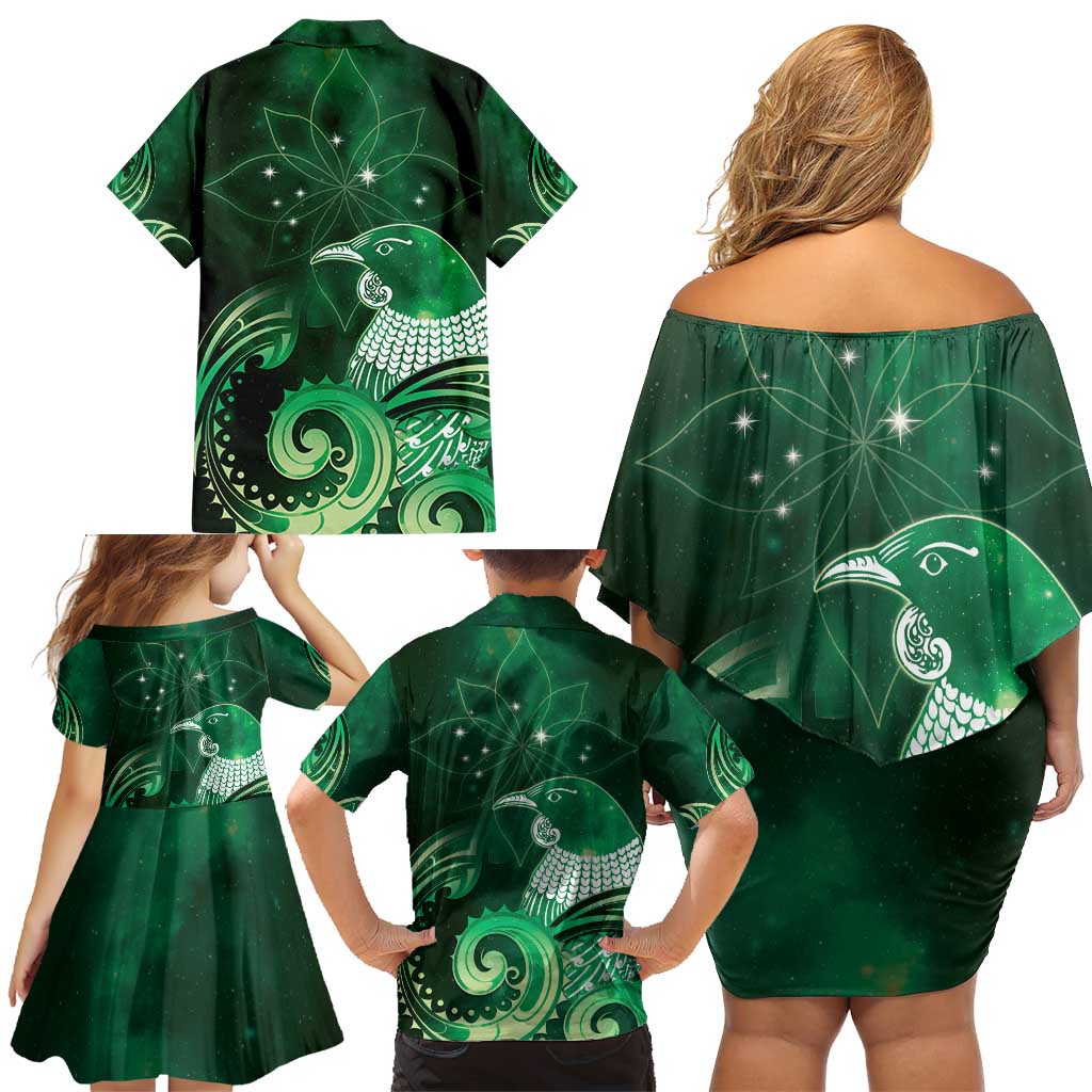 New Zealand Matariki Family Matching Off Shoulder Short Dress and Hawaiian Shirt Maori Tui Bird Green Galaxy DT05 - Polynesian Pride