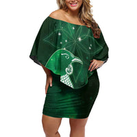 New Zealand Matariki Family Matching Off Shoulder Short Dress and Hawaiian Shirt Maori Tui Bird Green Galaxy DT05 Mom's Dress Green - Polynesian Pride