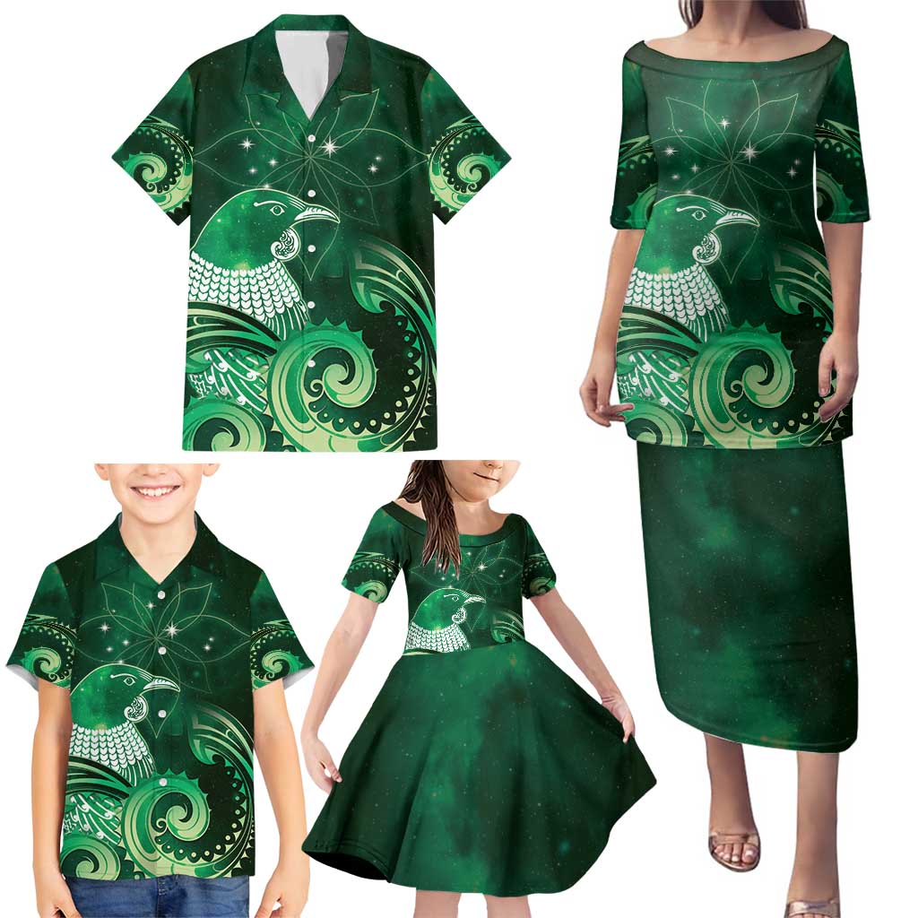 New Zealand Matariki Family Matching Puletasi and Hawaiian Shirt Maori Tui Bird Green Galaxy DT05 - Polynesian Pride