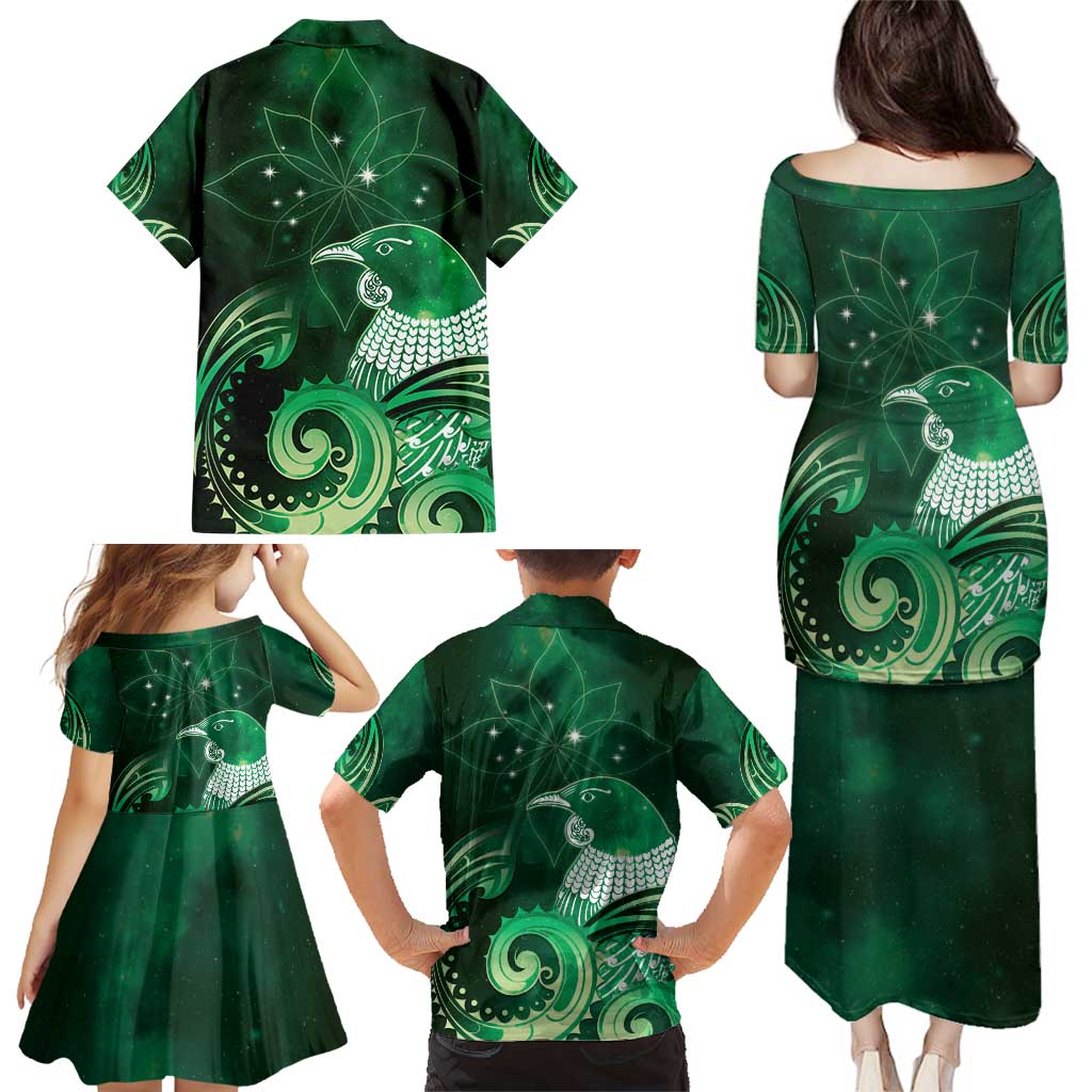 New Zealand Matariki Family Matching Puletasi and Hawaiian Shirt Maori Tui Bird Green Galaxy DT05 - Polynesian Pride