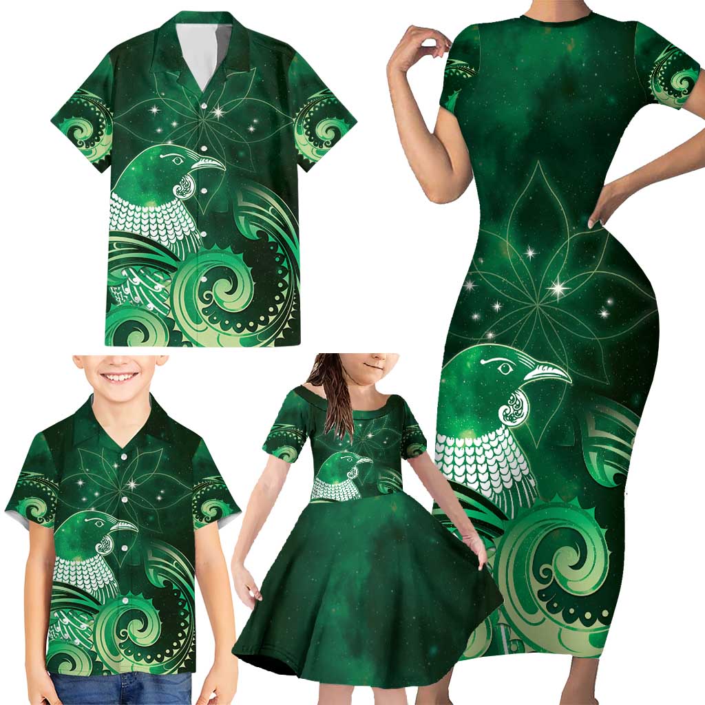 New Zealand Matariki Family Matching Short Sleeve Bodycon Dress and Hawaiian Shirt Maori Tui Bird Green Galaxy DT05 - Polynesian Pride
