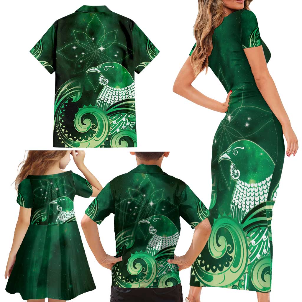 New Zealand Matariki Family Matching Short Sleeve Bodycon Dress and Hawaiian Shirt Maori Tui Bird Green Galaxy DT05 - Polynesian Pride