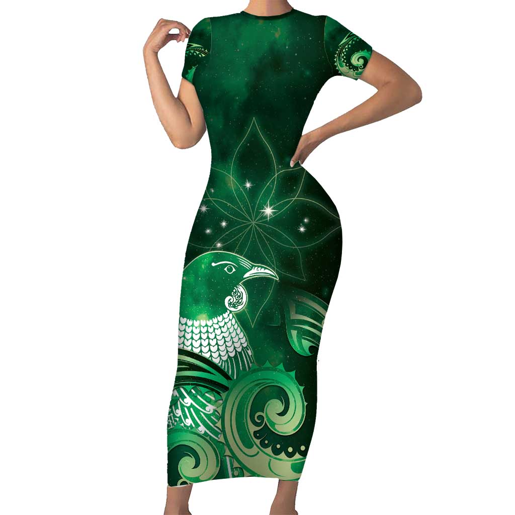 New Zealand Matariki Family Matching Short Sleeve Bodycon Dress and Hawaiian Shirt Maori Tui Bird Green Galaxy DT05 Mom's Dress Green - Polynesian Pride