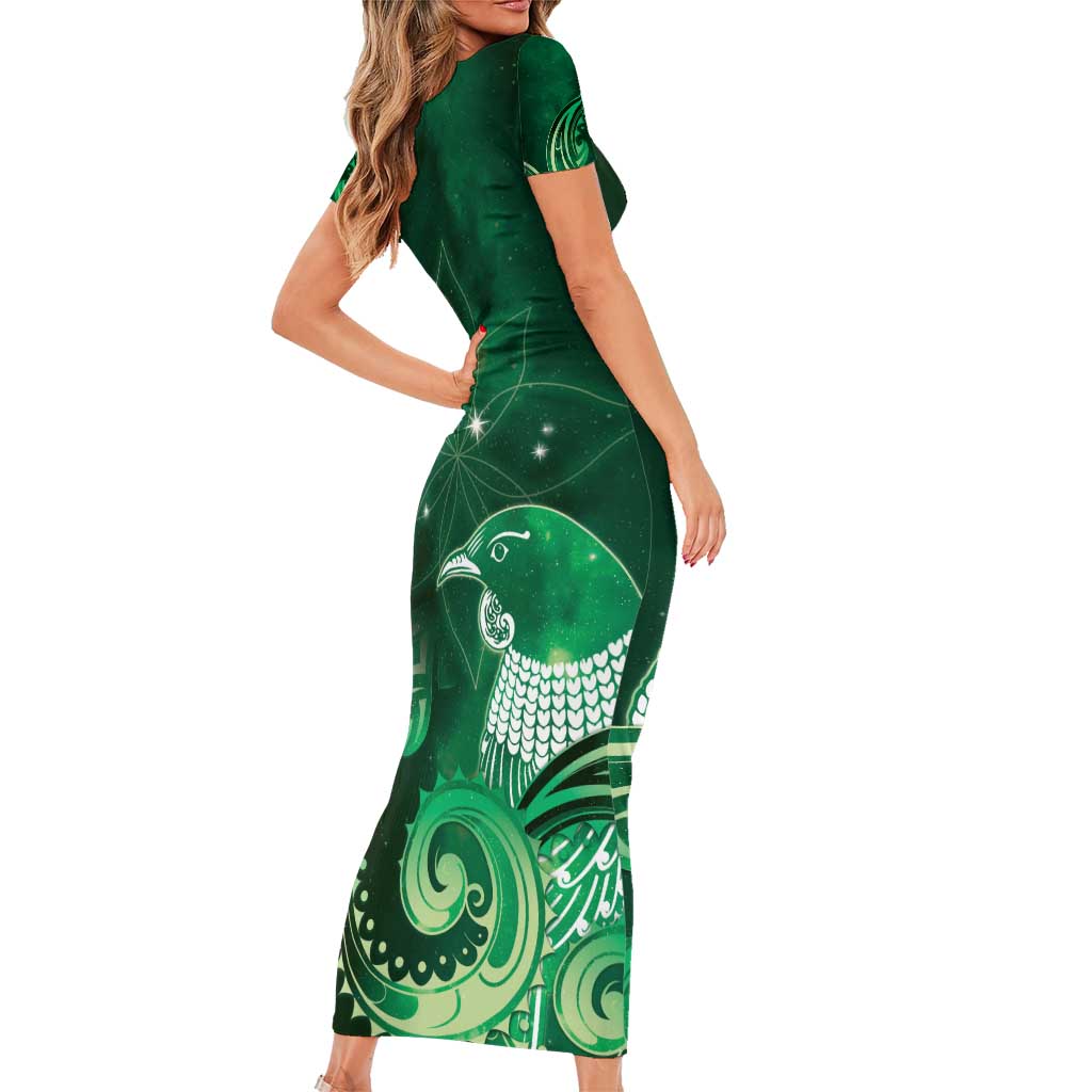 New Zealand Matariki Family Matching Short Sleeve Bodycon Dress and Hawaiian Shirt Maori Tui Bird Green Galaxy DT05 - Polynesian Pride