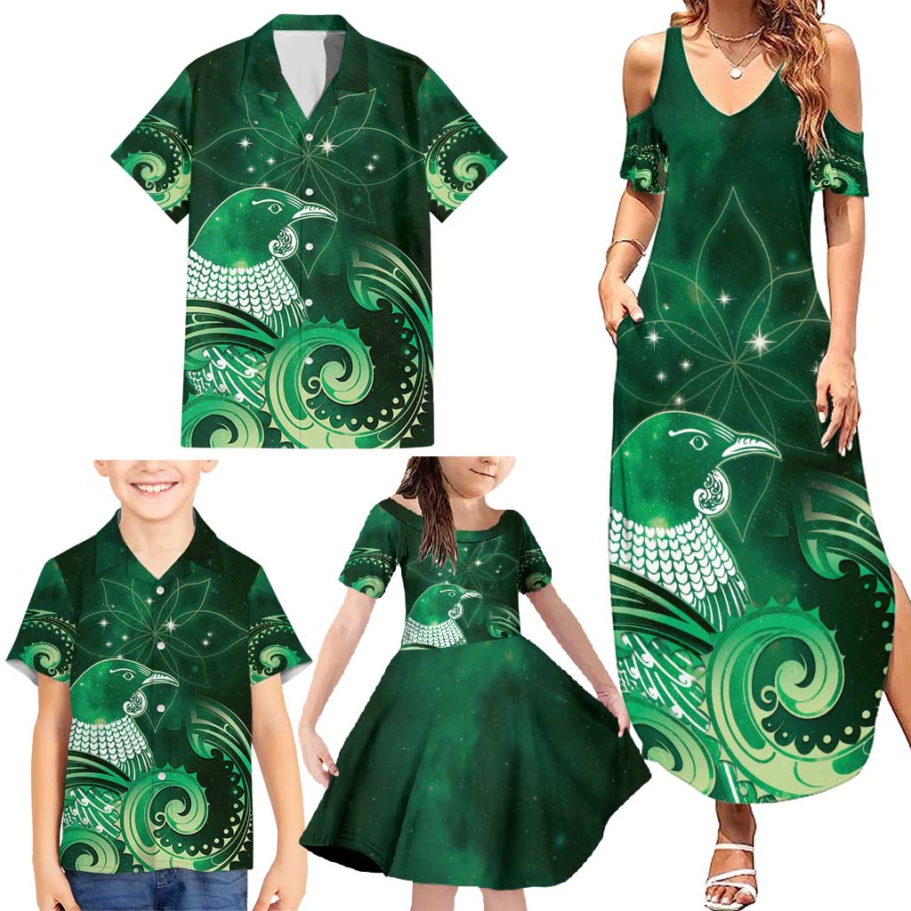 New Zealand Matariki Family Matching Summer Maxi Dress and Hawaiian Shirt Maori Tui Bird Green Galaxy DT05 - Polynesian Pride