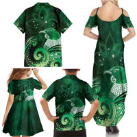 New Zealand Matariki Family Matching Summer Maxi Dress and Hawaiian Shirt Maori Tui Bird Green Galaxy DT05 - Polynesian Pride