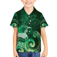 New Zealand Matariki Family Matching Summer Maxi Dress and Hawaiian Shirt Maori Tui Bird Green Galaxy DT05 Son's Shirt Green - Polynesian Pride