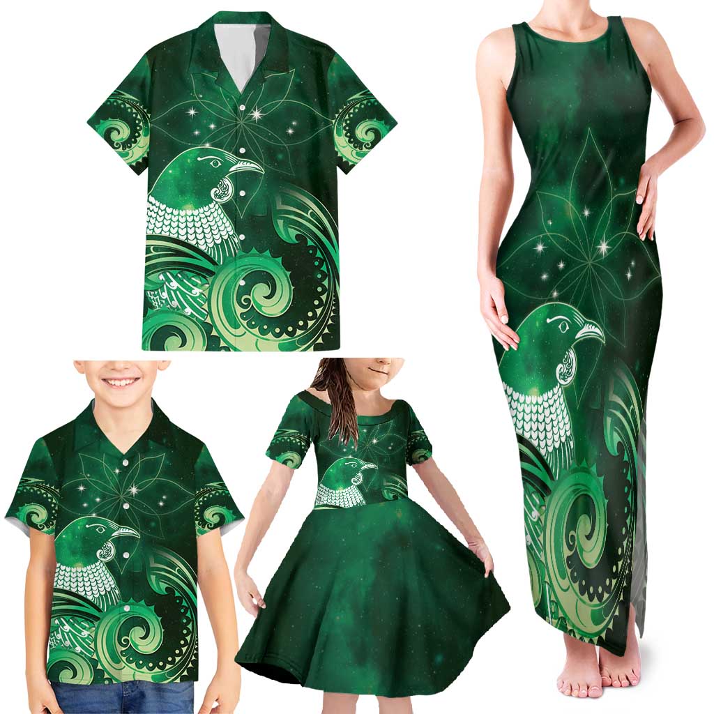 New Zealand Matariki Family Matching Tank Maxi Dress and Hawaiian Shirt Maori Tui Bird Green Galaxy DT05 - Polynesian Pride