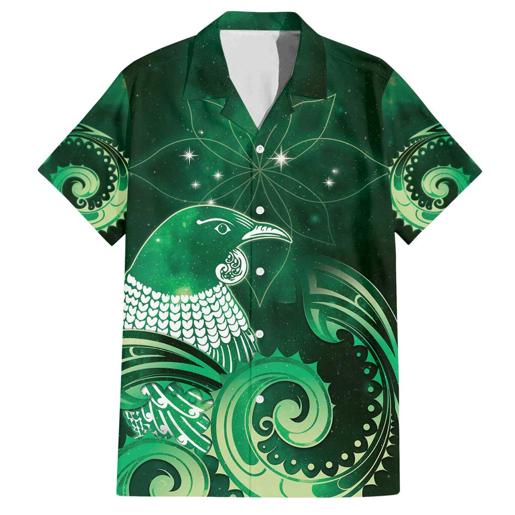 New Zealand Matariki Family Matching Tank Maxi Dress and Hawaiian Shirt Maori Tui Bird Green Galaxy DT05 Dad's Shirt - Short Sleeve Green - Polynesian Pride