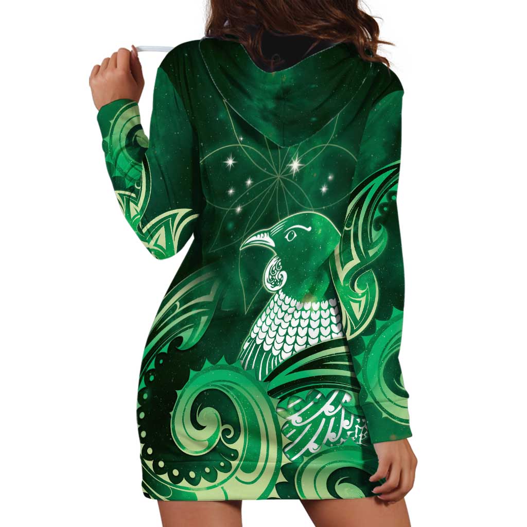 New Zealand Matariki Hoodie Dress Maori Tui Bird Green Galaxy DT05 - Polynesian Pride