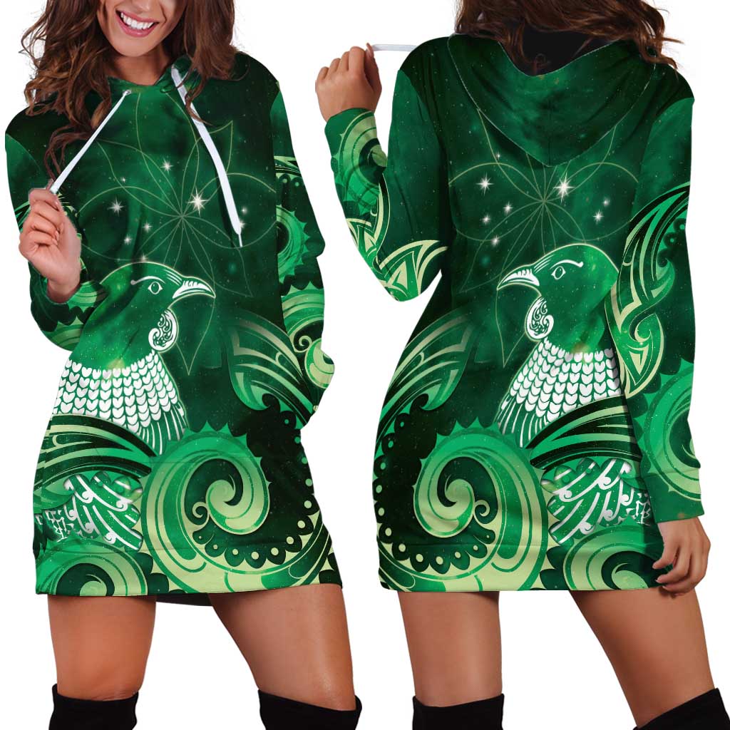 New Zealand Matariki Hoodie Dress Maori Tui Bird Green Galaxy DT05 - Polynesian Pride