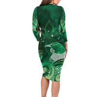 New Zealand Matariki Long Sleeve Bodycon Dress Maori Tui Bird Green Galaxy