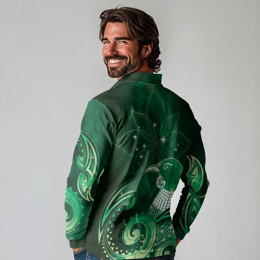 New Zealand Matariki Long Sleeve Polo Shirt Maori Tui Bird Green Galaxy