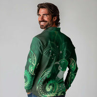 New Zealand Matariki Long Sleeve Polo Shirt Maori Tui Bird Green Galaxy
