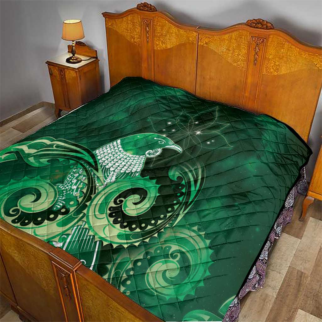 New Zealand Matariki Quilt Maori Tui Bird Green Galaxy