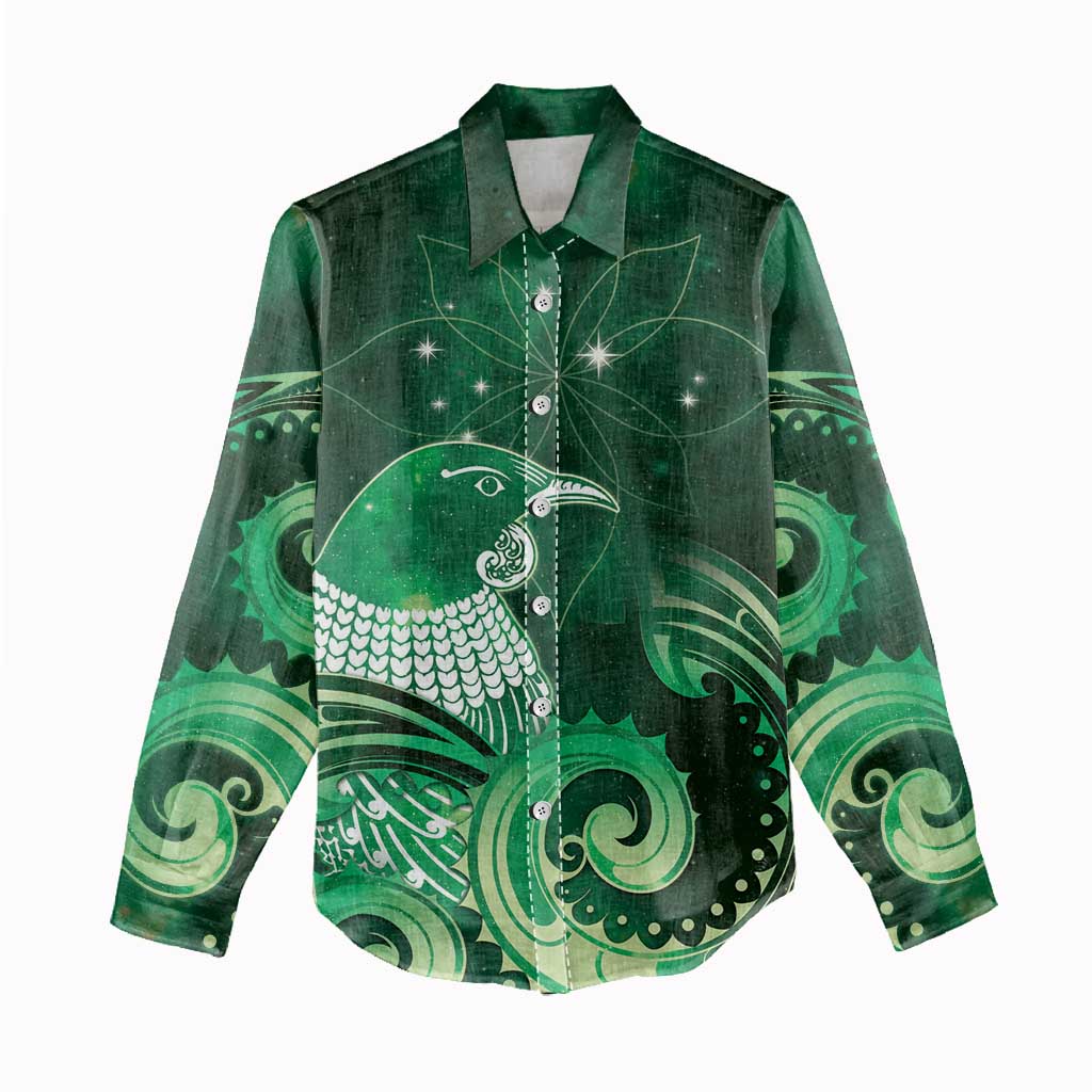 New Zealand Matariki Women Casual Shirt Maori Tui Bird Green Galaxy DT05 - Polynesian Pride