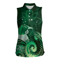 New Zealand Matariki Women Sleeveless Polo Shirt Maori Tui Bird Green Galaxy DT05 Female Green - Polynesian Pride