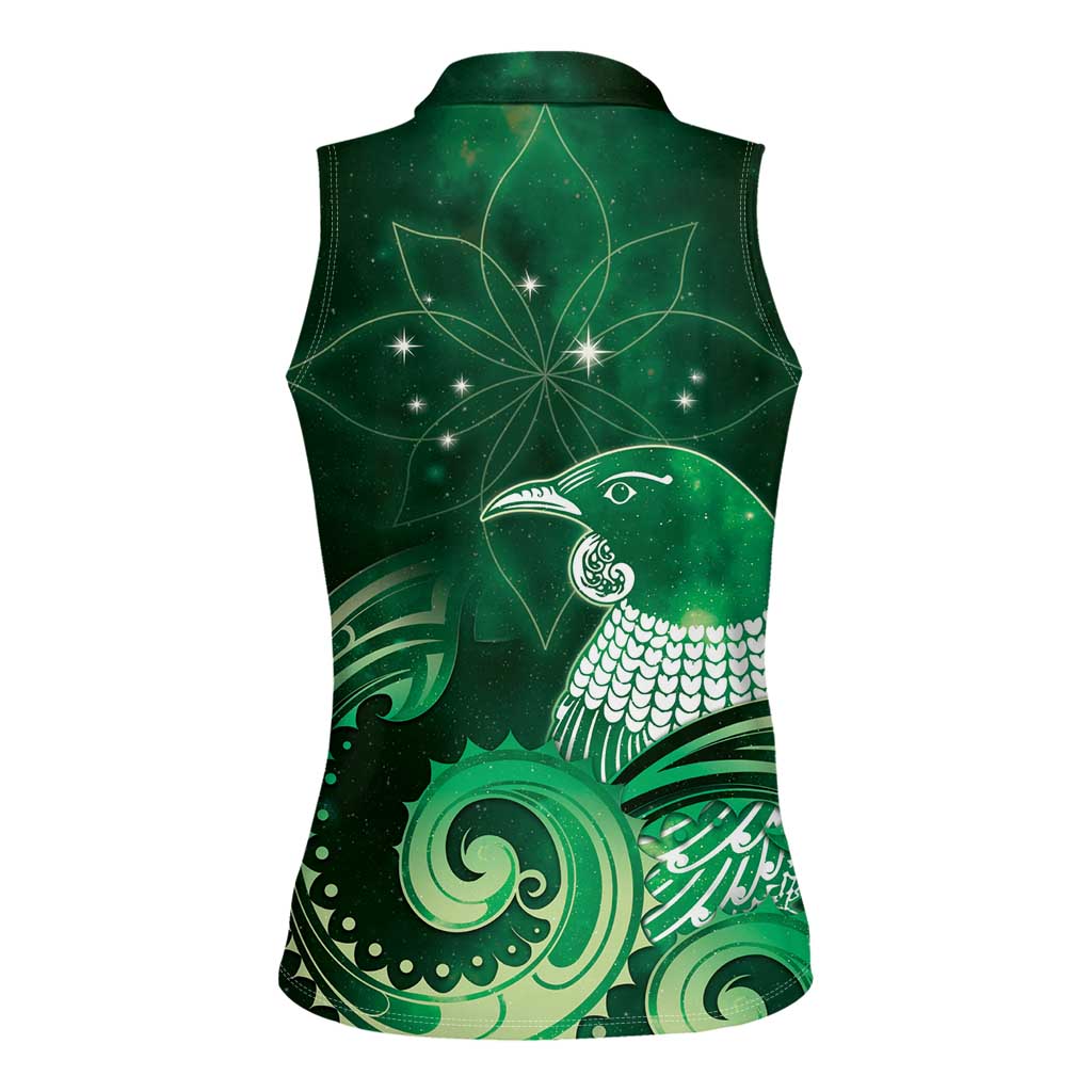New Zealand Matariki Women Sleeveless Polo Shirt Maori Tui Bird Green Galaxy DT05 - Polynesian Pride
