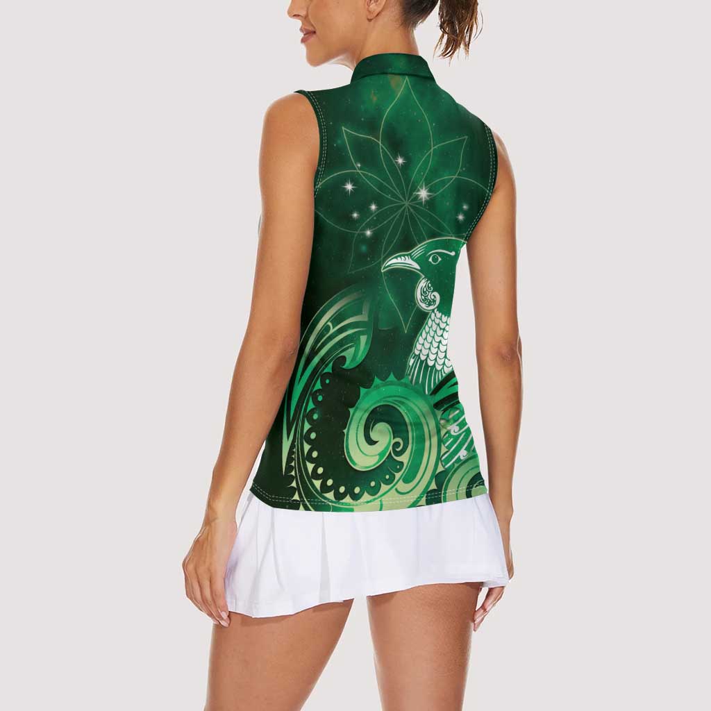 New Zealand Matariki Women Sleeveless Polo Shirt Maori Tui Bird Green Galaxy DT05 - Polynesian Pride