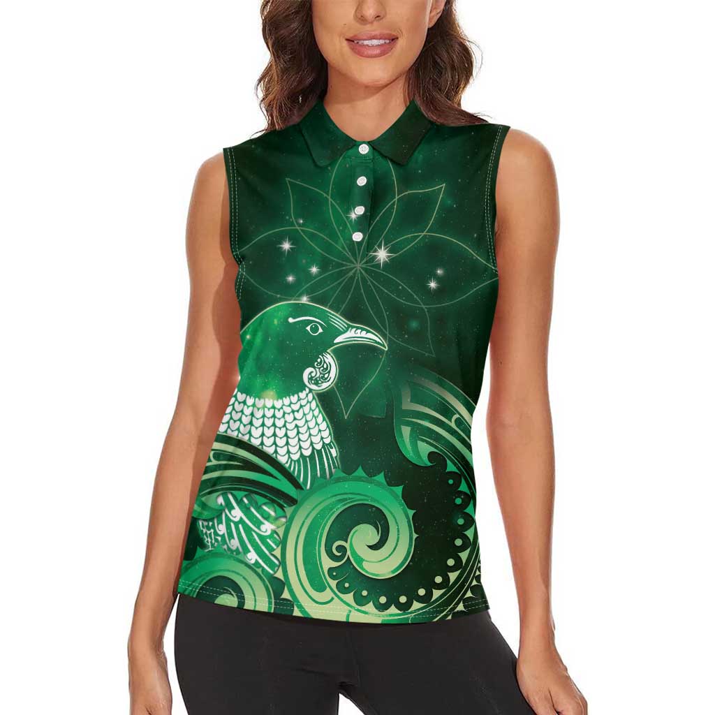 New Zealand Matariki Women Sleeveless Polo Shirt Maori Tui Bird Green Galaxy DT05 - Polynesian Pride
