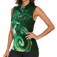 New Zealand Matariki Women Sleeveless Polo Shirt Maori Tui Bird Green Galaxy DT05 - Polynesian Pride