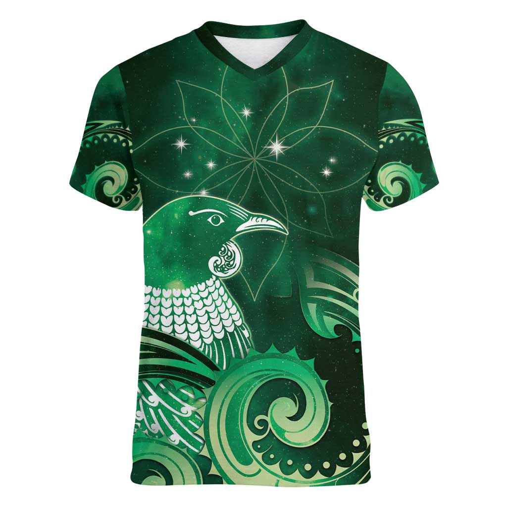 New Zealand Matariki Women V-Neck T-Shirt Maori Tui Bird Green Galaxy DT05 Female Green - Polynesian Pride